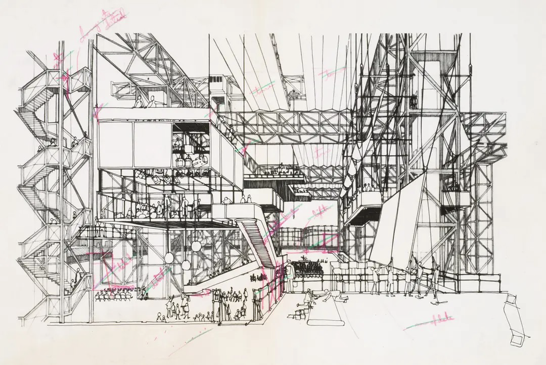 Cedric Price — interior drawing of the Fun Palace, circa 1965
