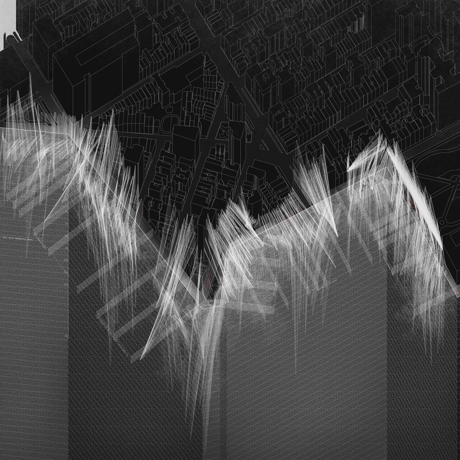 3D wireframe fragment — aerial