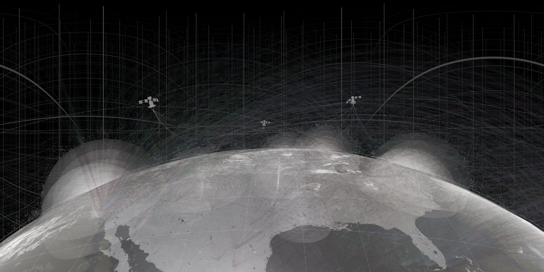 Satellites in orbit above the Pacific, with arcs of ground-station coverage and pulses of mapping data.